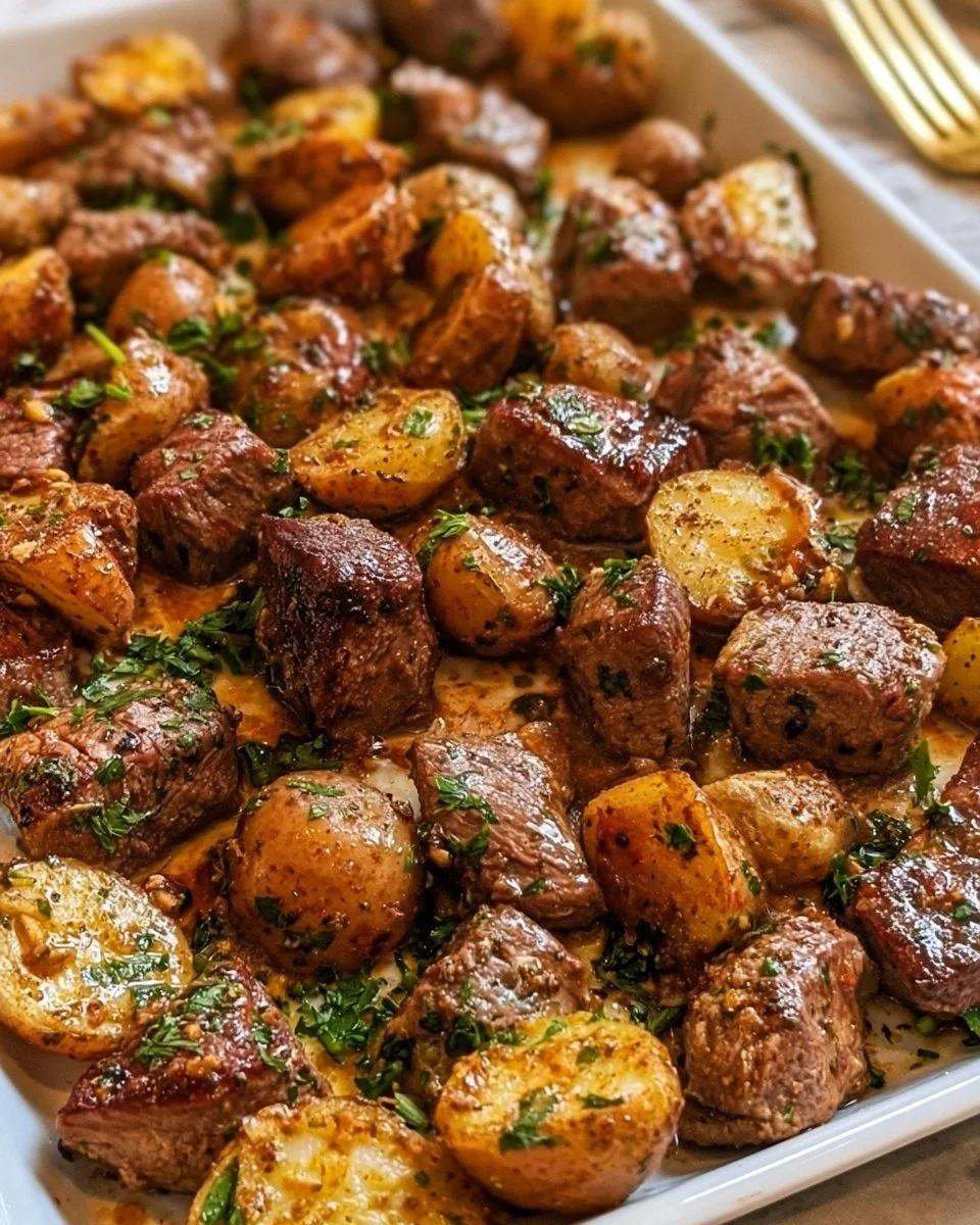Blechpfanne Steakbisse und Kartoffeln