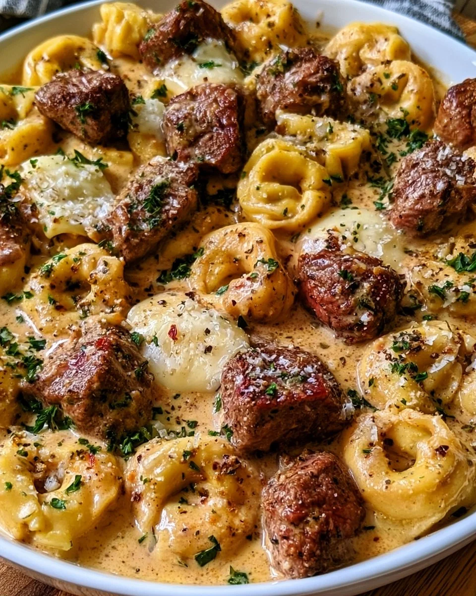 Cremige Provolone-Knoblauch-Butter-Steak- und Tortellini-Pfanne
