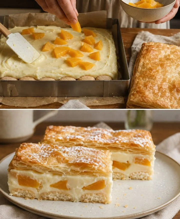 Blätterteig-Pudding-Pfirsich-Schnitten