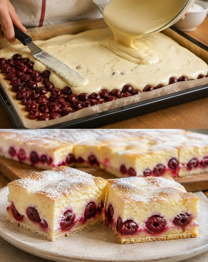Blechkuchen mit Kirschen und Schmand