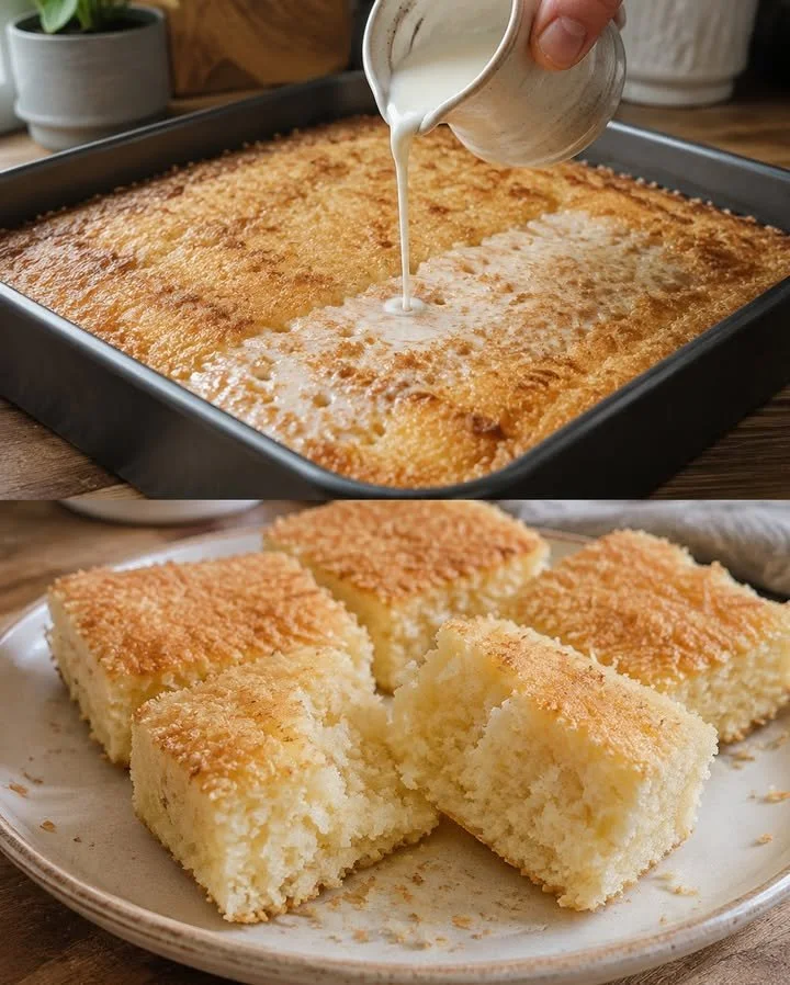 Buttermilchkuchen mit Kokos und Sahne auf einem dekorativen Teller