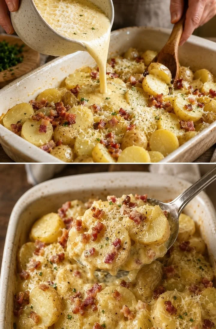 Kartoffeln alla Carbonara mit Parmesan