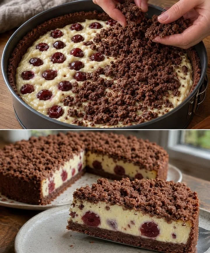 Quark-Streuselkuchen mit Vanille-Kirsche