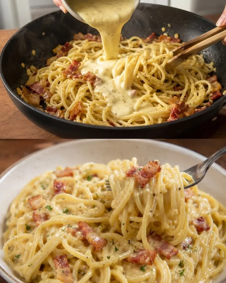 Spaghetti with bacon in garlic cheese sauce